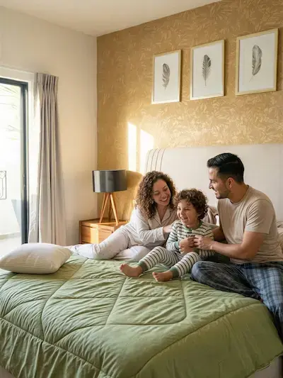 Familia con un niño despertando en la recámara de la casa modelo