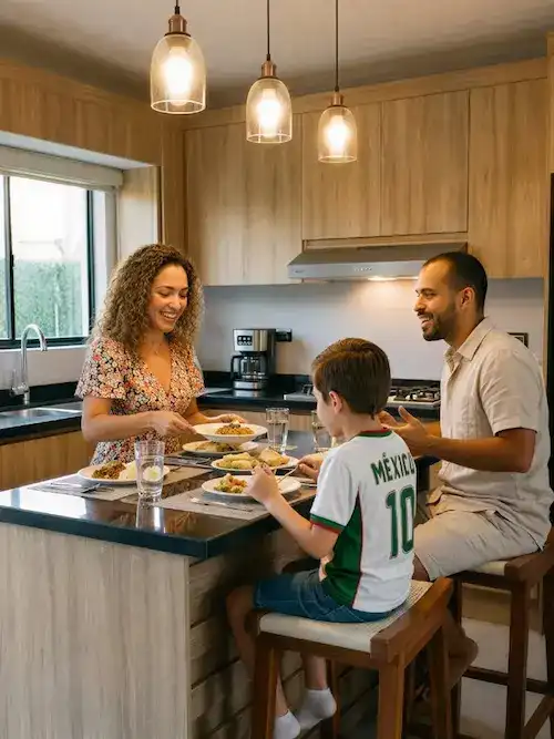 Familia comiendo en la cocina con isla de la casa modelo