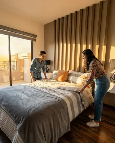 Recámara principal con balcón y vista en la casa modelo
