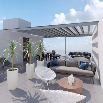 Terraza completa con sofás en L, comedor y macetas